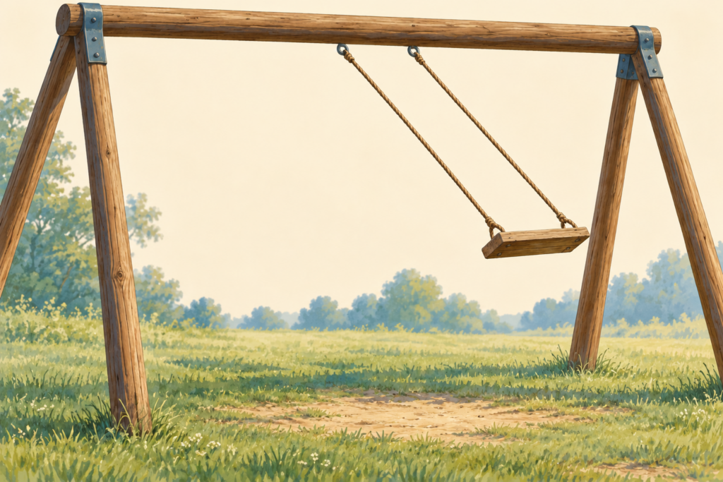 Illustration einer einzelnen Holzschaukel in seitlich ausgelenkter Position.