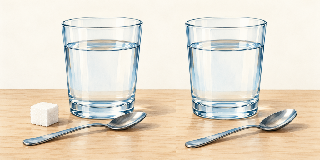 Zwei Wassergläser: links vor dem Lösen mit Zuckerwürfel, rechts eine klare Zuckerlösung ohne sichtbaren Würfel.